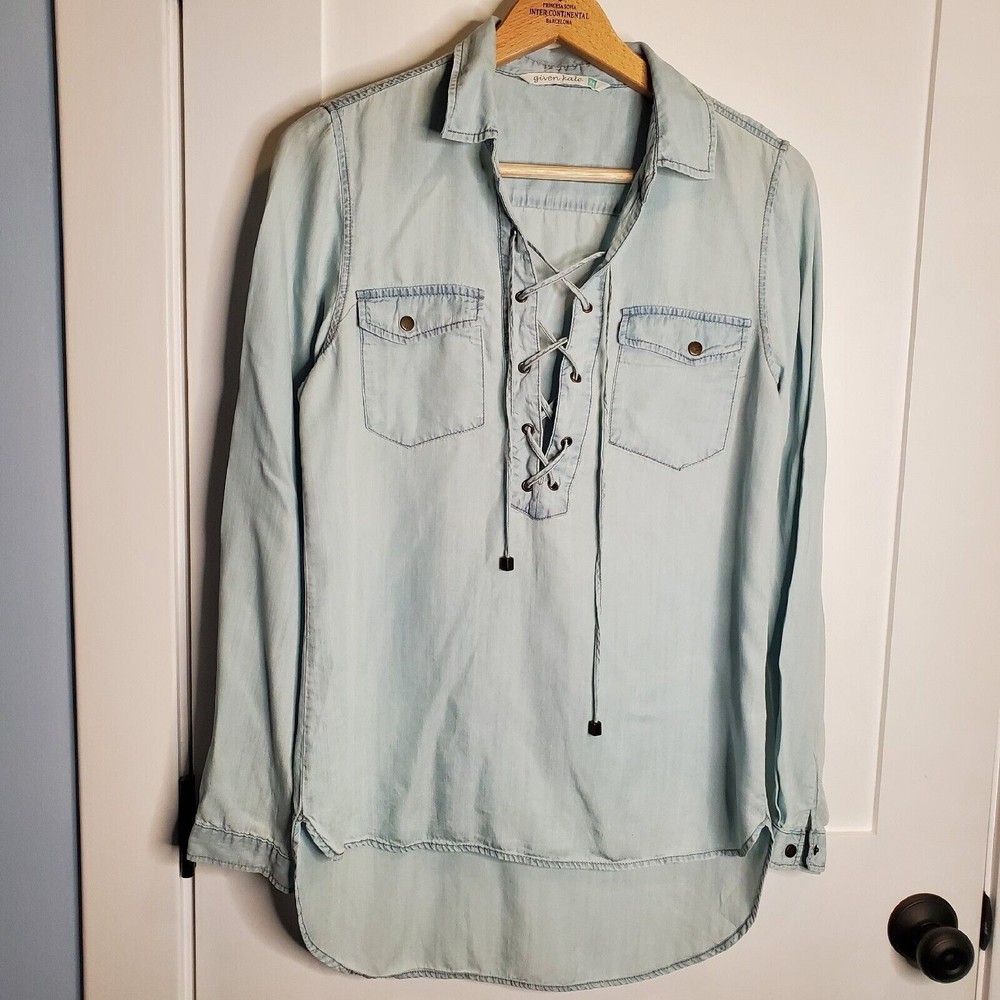 GIVEN KALE BLUE DENIM MEDIUM LONG SLEEVE BLOUSE SHIRT LACE UP FRONT HIGH LOW